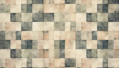 a tiled pattern of rectangular blocks in shades of gray, beige, and light brown. The blocks have a worn, distressed look, creating an aged or weathered effect