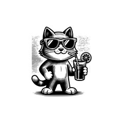 cat wearing sun glasses chill drinking juice vector illustration