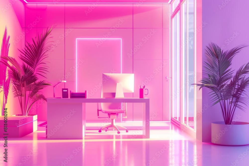 Poster futuristic neon of an efficient modern office space, designed in paper cut styles and enhanced by a 