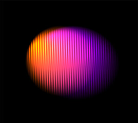 Corrugated neon circle ribbed glass effect. Round liquid gradient shape. Orange violet vibrant abstract element with prism effect black background. Vector illustration modern geometric blurry design