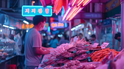 Futuristic neon of seafood displayed in a bustling market scene, highlighted by cyberpunk 80s colors and a sharpened banner template with copy space