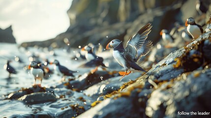 Playful Atlantic Puffins on Rocky Shoreline