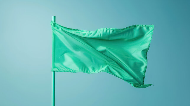 vibrant green racing flag waving on soft blue background for sports and competition
