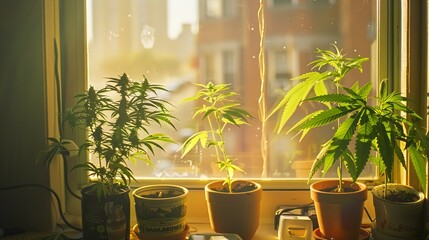 Sunlit Windowsill with Cannabis Plants