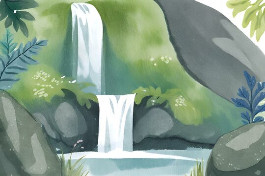Cascading waterfall surrounded by lush vegetation and moss-covered rocks watercolor background