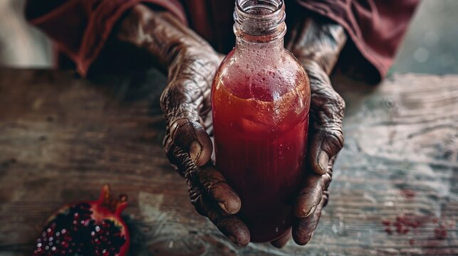 Senior African American holding a bottle of pomegranate juice