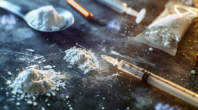 syringe drug with white powder heroin powder in a spoon and small bags and tablets