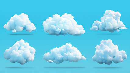 3d cloud. White cartoon fluffy clouds in bubble shape in blue sky, summer rounded cumulus icons. Weather forecast realistic symbols vector set 3D avatars set vector icon, white