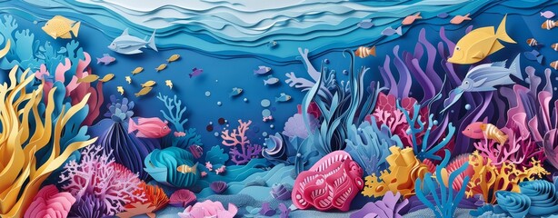 Paper art and craft style of an elaborate underwater scene featuring diverse marine life and coral reefs in solid colors