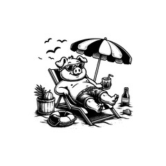 mascot pig chill in beach vector illustration