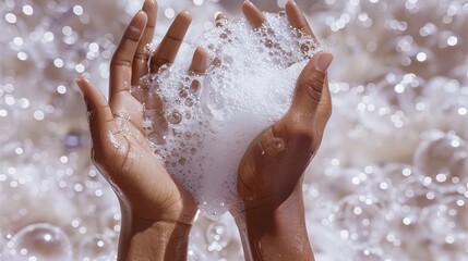 Hands in White Soap Foam Bubbles
