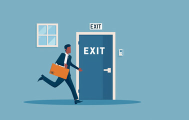 A businessman is holding his work box and running out of the office, next to an open door with "EXIT" written on it, flat design illustration with simple background