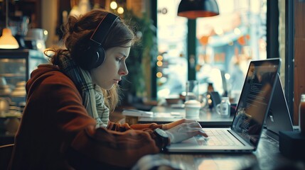 Female Programmer Coding in Coffee Shop