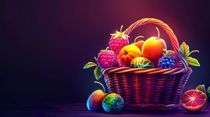 Show colorful glow HUD icon of a fruit basket, blending vibrant hues and juicy themes in a paper art style, banner template sharpen with copy space