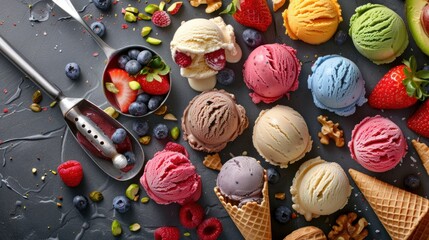 Fresh fruit with scoops of creamy speciality ice cream in assorted flavors with raspberry, berry, blueberry, strawberry, walnut , pistachio, chocolate, sugar cones and a scoop for serving from above