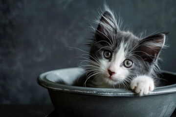 A little kitten sits in an empty flower pot and looks curiously at the camera.