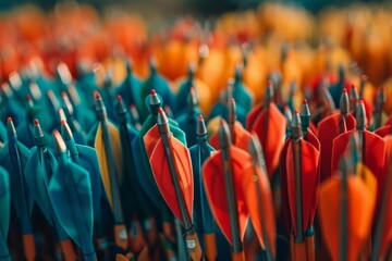 Fototapeta premium The multitude of arrows symbolize various strategies and solutions to achieve success