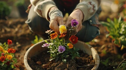 Gardener carefully placing flowers in a pot filled with soil
