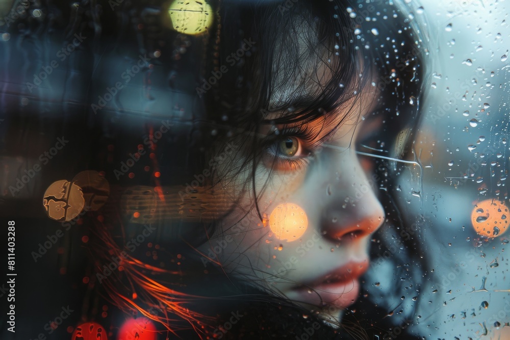 Poster moody image of raindrops on a window with blurred city lights creating a bokeh effect in the backgro