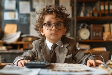 A young boy in glasses and vintage clothing deep in thought with calculator and documents in an office