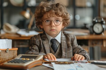 Fototapeta na wymiar A contemplative child dressed in a suit works diligently with a calculator in a vintage office setting