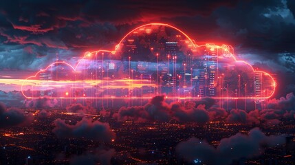 Conceptual rendering of a futuristic cloud computing environment with neon lights and diagrams that depict advanced technologies and data storage facilities