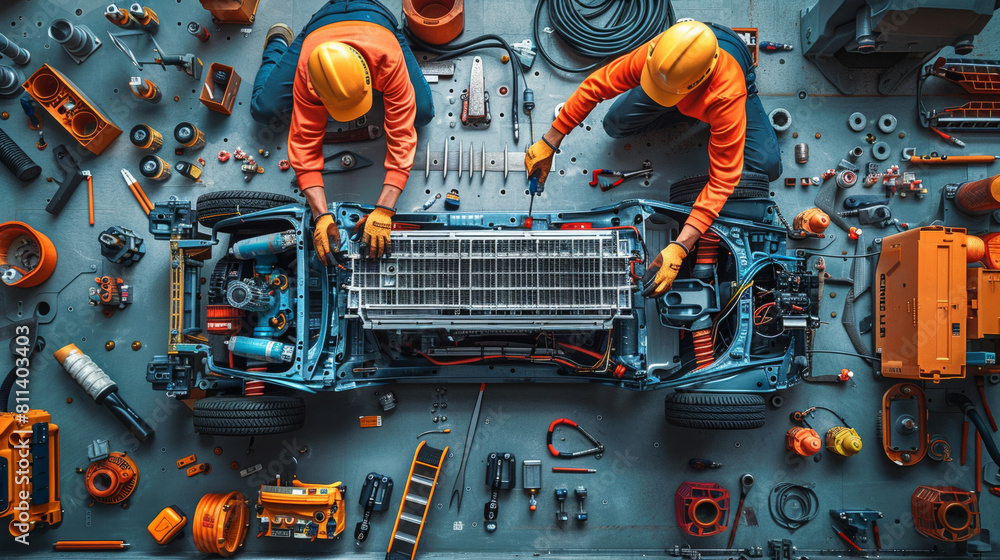 Poster two mechanics engage in intricate work on the components of an electric vehicle in a busy workshop.