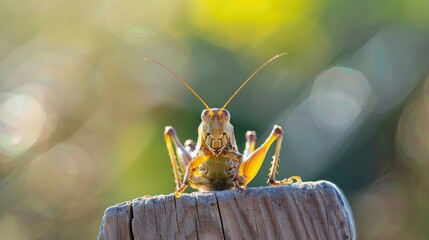 Insect perched on wooden surface against blurred background