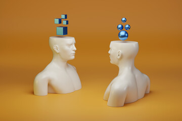 Two human figures facing each other with geometric bodies on their heads. Thinking concept. 3d illustration.
