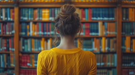 本棚とお団子ヘアの女性,Generative AI AI画像