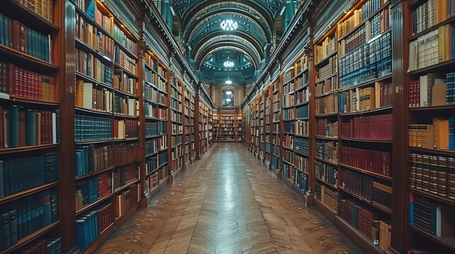 長い通路の図書館,Generative AI AI画像