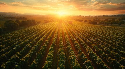 A beautiful sunset casting golden light over endless rows of vineyard in a scenic landscape.