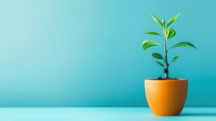 minimalist plant in orange pot on vibrant blue background for modern home decor, with copy space for text