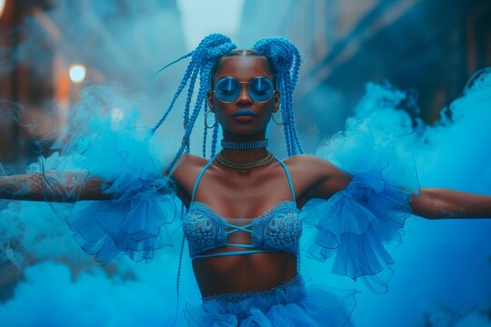 A woman in a blue ensemble stands boldly amidst theatrical blue smoke, portraying confidence and artistic flair