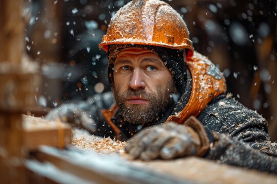 A rugged lumberjack with a beard and orange helmet works in a snowy setting with a chainsaw