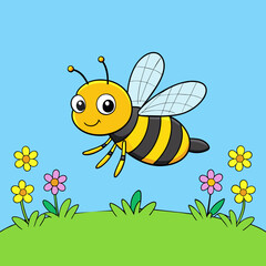 A Charming Vector Illustration of a Cute Bee Soaring Over a Meadow