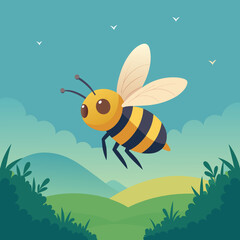 A Charming Vector Illustration of a Cute Bee Soaring Over a Meadow