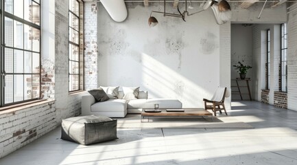  Industrial Chic Interior: Grey Leather Stool and Coffee Table Against White Wall