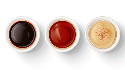 Set of Gourmet Sauces in White Bowls Top View, Isolated on White Background