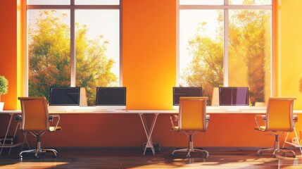 orange office interior with pc computers in row and panoramic window