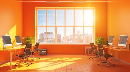 Fototapeta premium orange office interior with pc computers in row and panoramic window