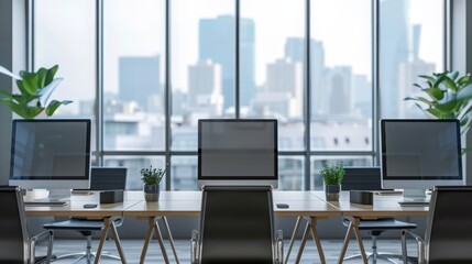 gray office interior with pc computers in row and panoramic window
