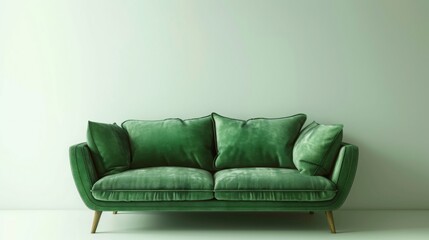 A green sofa with cushions against a plain white background, minimalist interior concept