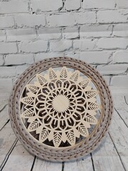 round wooden basket with laser cut mandala pattern inside, white washed wicker, vintage style,...