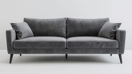 A gray sofa with cushions against a plain white background