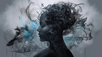 xDreamlike void, Surreal being, Intertwining shapes, Silhouette, Distorted human figure, Elongated silhouette, Ethereal haze, Deep blacks, Grays, Blues, Surrealism, Weirdcore elements, Profile view, N