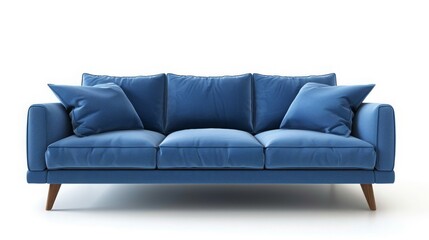 A blue sofa with cushions against a plain white background