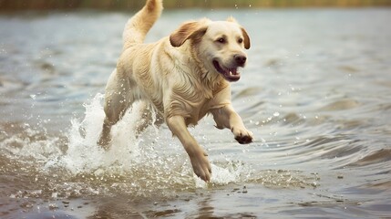 Labrador jumps in the water
