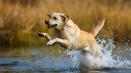 Labrador jumps in the water
