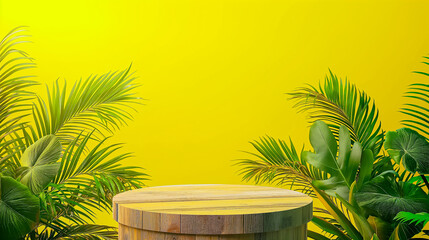Bright and Vibrant Display, Wooden Platform with Tropical Greenery on a Sunny Yellow Background